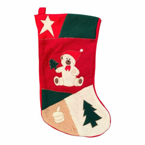 Vintage Handmade Felt Applique Christmas Stocking Teddy Bear Star Tree Drum Red